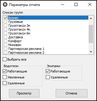 Форма ввода параметров отчета перед его выводом.